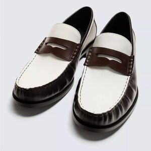 Zara Leather Two Tone Penny Loafers Brown White Preppy Old Money NWT 41 EU 8 US